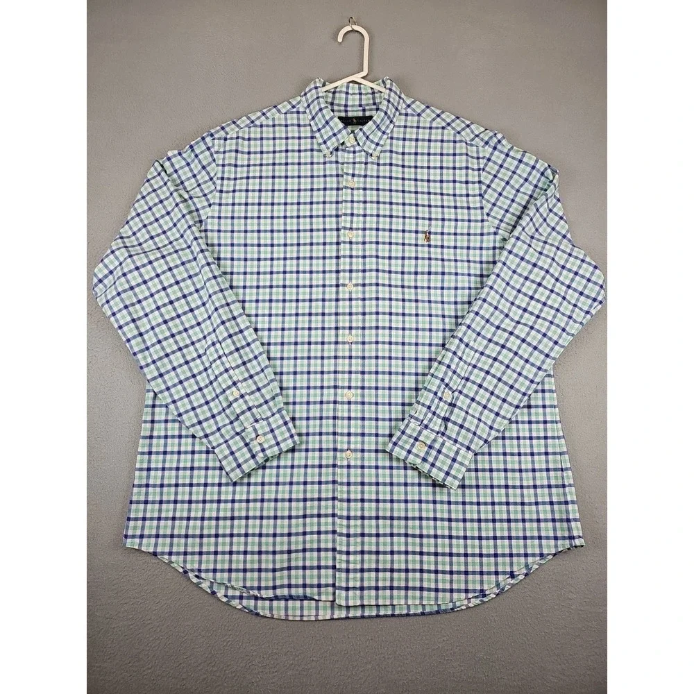 Ralph‎ Lauren Polo Men's XXL Long Sleeve Button Up Shirt Blue Check Flesh Pony